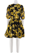 Birdy Dress #2 Crew Neck 3/4 Puff Sleeve with Hamilton Belt Petite Length Linen (Magnolia Blossom Black)
