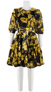 Birdy Dress #2 Crew Neck 3/4 Puff Sleeve with Hamilton Belt Petite Length Linen (Magnolia Blossom Black)