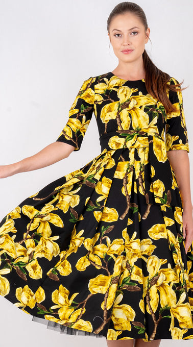 Lana Dress Crew Neck 1/2 Sleeve with Tulle Midi Cotton Stretch (Magnolia Blossom)