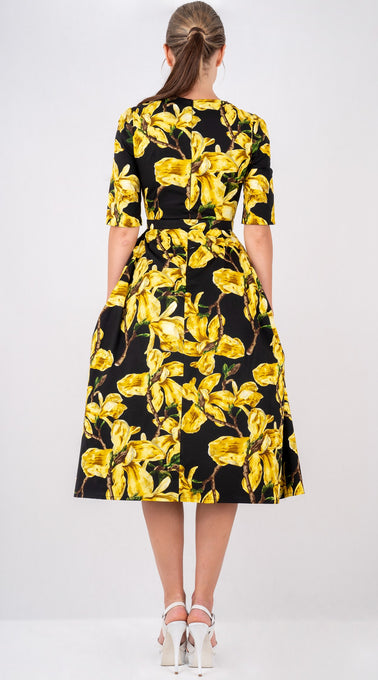 Lana Dress Crew Neck 1/2 Sleeve with Tulle Midi Cotton Stretch (Magnolia Blossom)