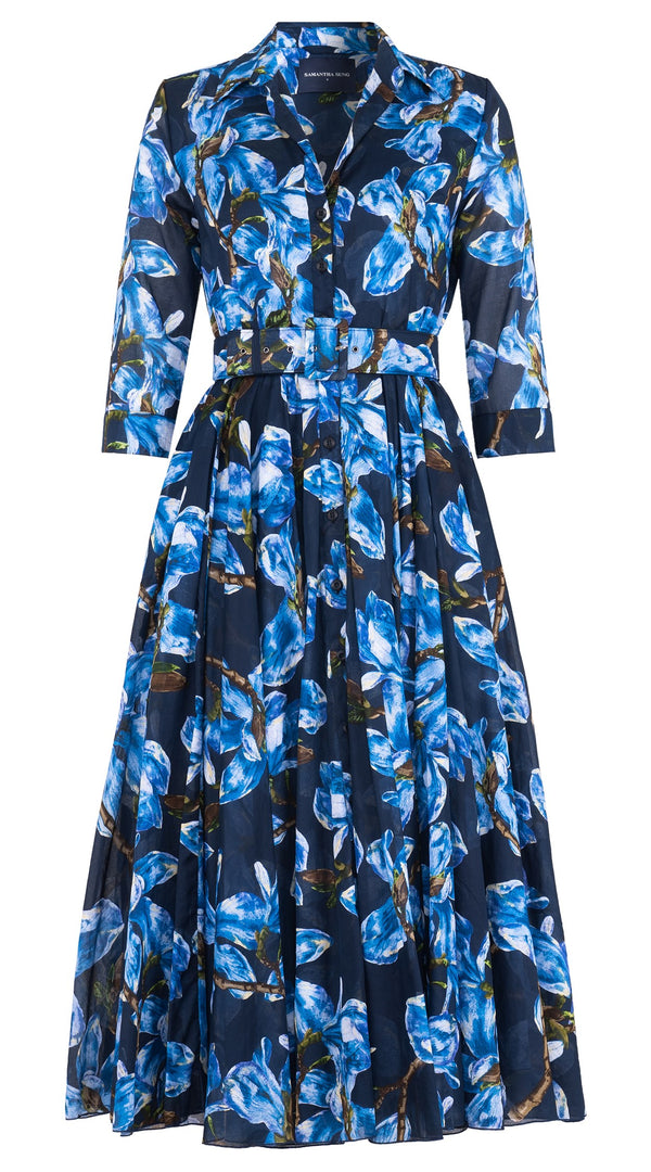 Aster Dress Shirt Collar 3/4 Sleeve Midi Length Cotton Musola (Magnolia Blossom)