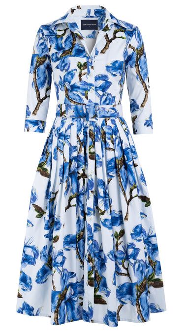 Audrey Dress #2 Shirt Collar 3/4 Sleeve Midi Length Cotton Stretch (Magnolia Blossom)
