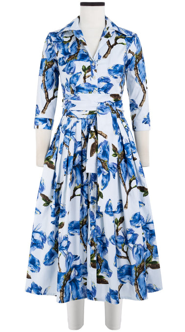 Audrey Dress #2 Shirt Collar 3/4 Sleeve Midi Length Cotton Stretch (Magnolia Blossom)