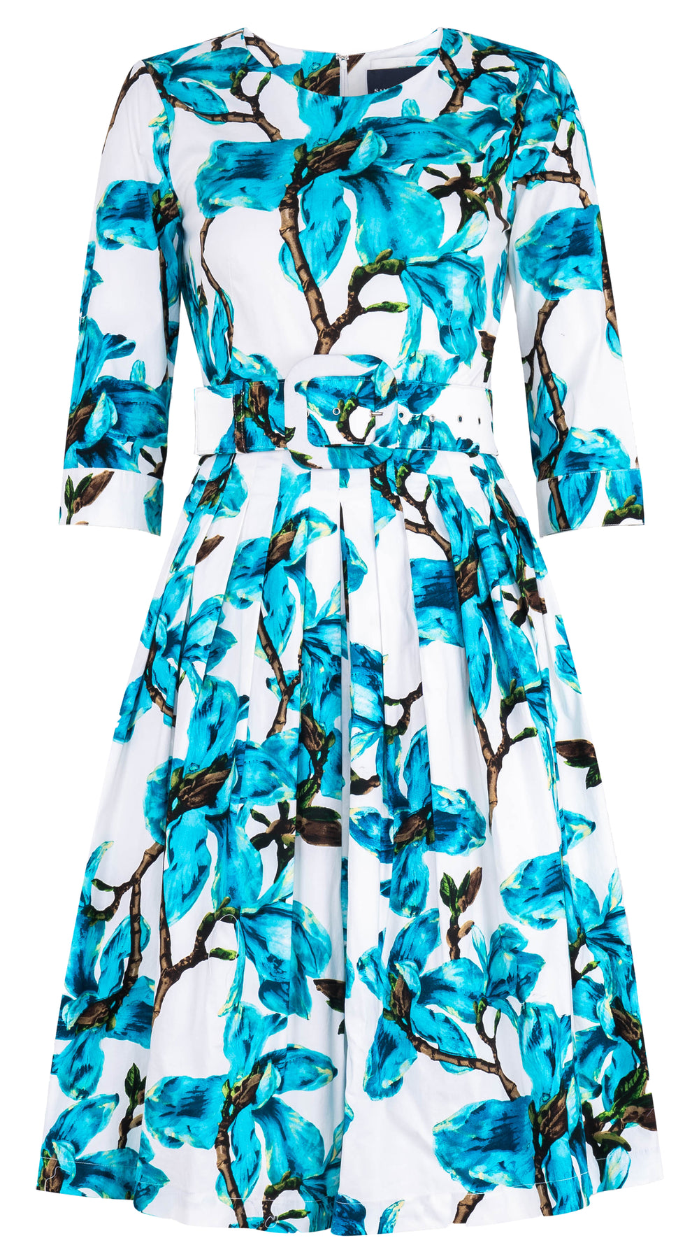 Florance Dress Crew Neck 3/4 Sleeve Long Length Cotton Stretch (Magnolia Blossom White) @1