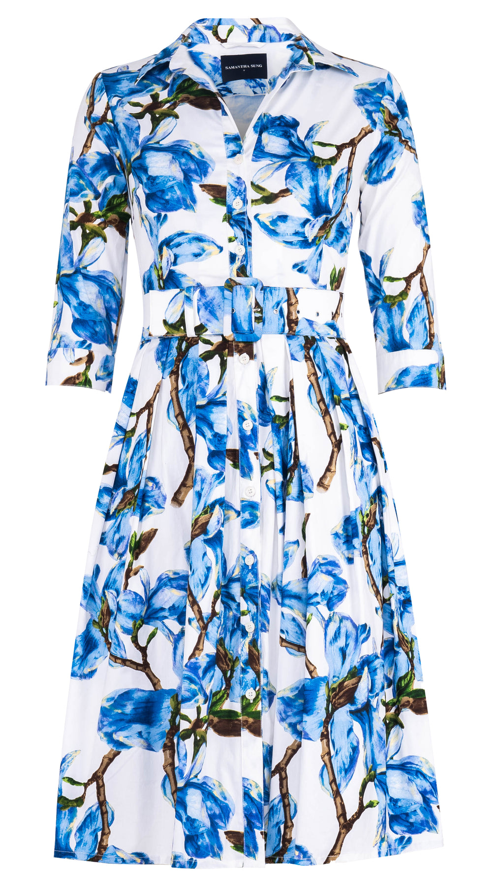 Audrey Dress #1 Shirt Collar 3/4 Sleeve Long Length Cotton Stretch (Magnolia Blossom White) @3