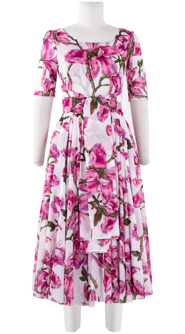 Aster Dress Boat Neck 1/2 Sleeve Midi Length Cotton Musola (Magnolia Blossom)