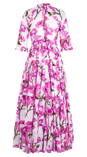 Eva Dress Crew Neck 3/4 Sleeve Maxi Length Cotton Musola (Magnolia Blossom White)