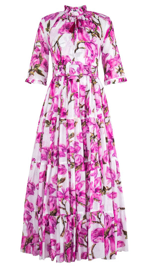 Eva Dress Crew Neck 3/4 Sleeve Maxi Length Cotton Musola (Magnolia Blossom White)