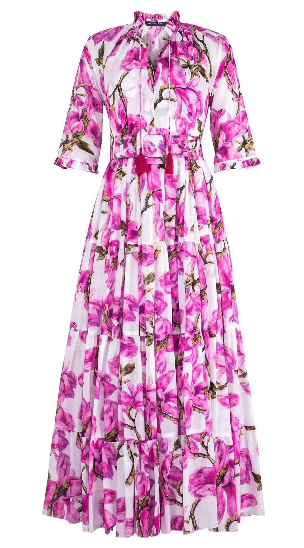 Eva Dress Crew Neck 3/4 Sleeve Maxi Length Cotton Musola (Magnolia Blossom White)