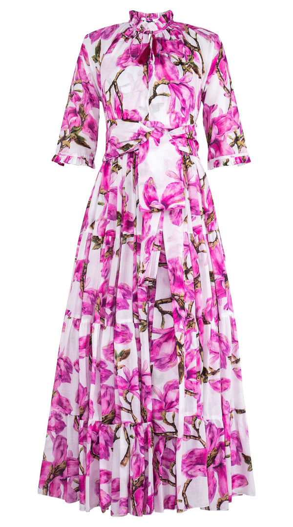 Eva Dress Crew Neck 3/4 Sleeve Maxi Length Cotton Musola (Magnolia Blossom White)