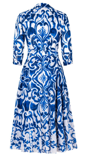 Aster Dress Shirt Collar 3/4 Sleeve Midi Length Cotton Musola (Maiolica Blue Tile Small)