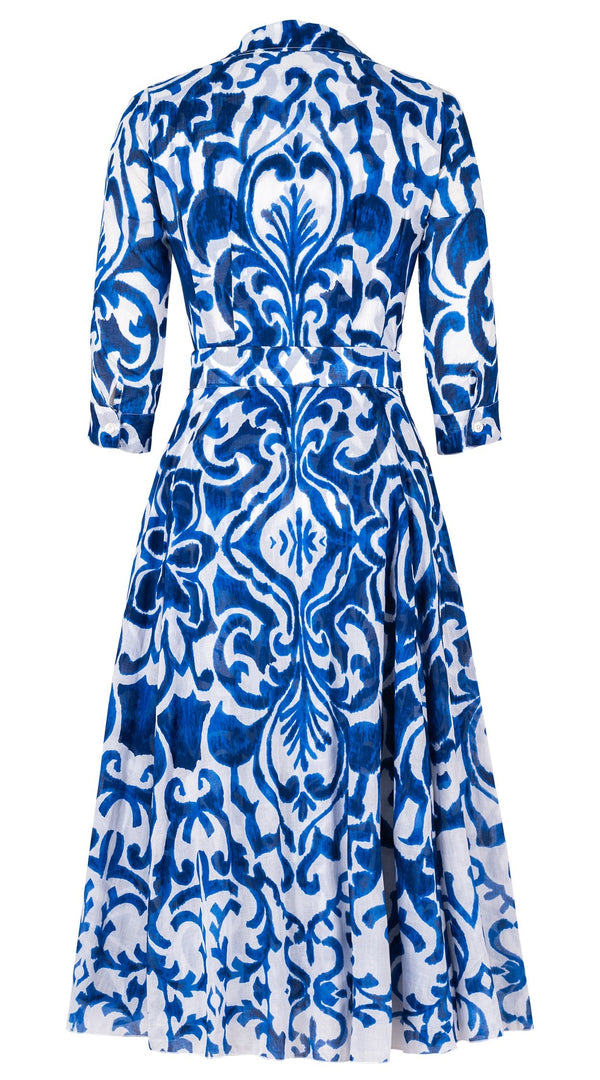 Aster Dress Shirt Collar 3/4 Sleeve Midi Length Cotton Musola (Maiolica Blue Tile Small)