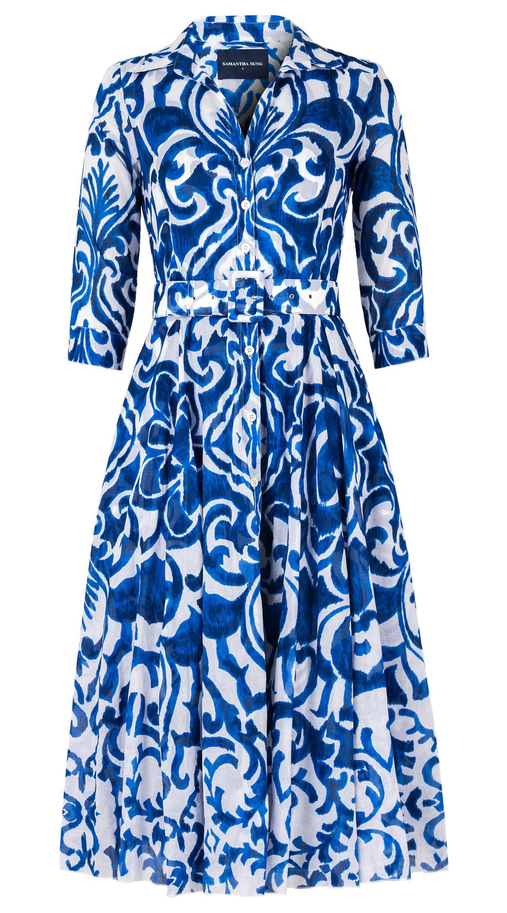 Aster Dress Shirt Collar 3/4 Sleeve Midi Length Cotton Musola (Maiolica Blue Tile Small)