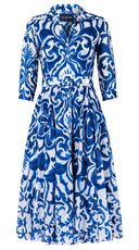Aster Dress Shirt Collar 3/4 Sleeve Midi Length Cotton Musola (Maiolica Blue Tile Small)