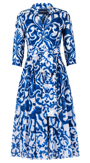 Aster Dress Shirt Collar 3/4 Sleeve Midi Length Cotton Musola (Maiolica Blue Tile Small)
