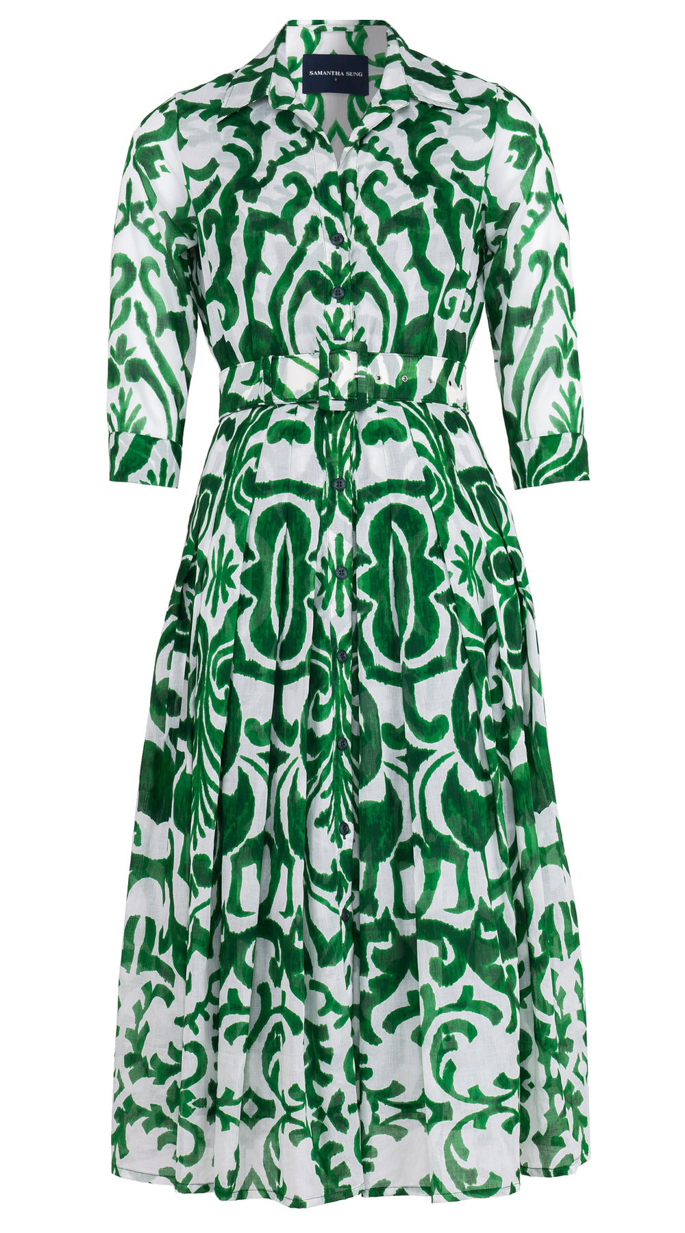 Audrey Dress #4 Shirt Collar 3/4 Sleeve Midi Length Cotton Musola (Maiolica Blue Tile Small)