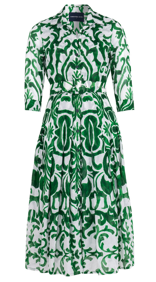 Audrey Dress #4 Shirt Collar 3/4 Sleeve Midi Length Cotton Musola (Maiolica Blue Tile Small)