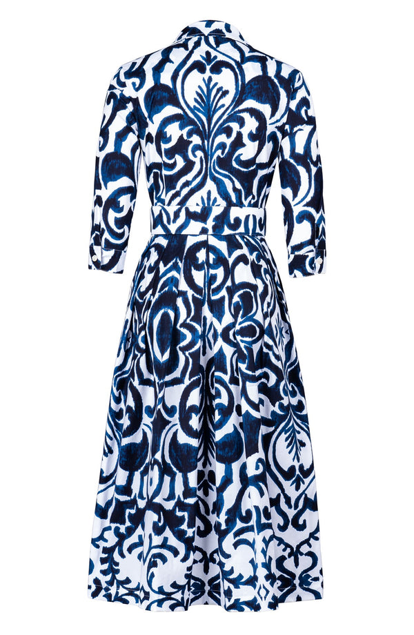 Audrey Dress #1 Shirt Collar 3/4 Sleeve Midi Length Cotton Stretch (Maiolica Blue Tile)