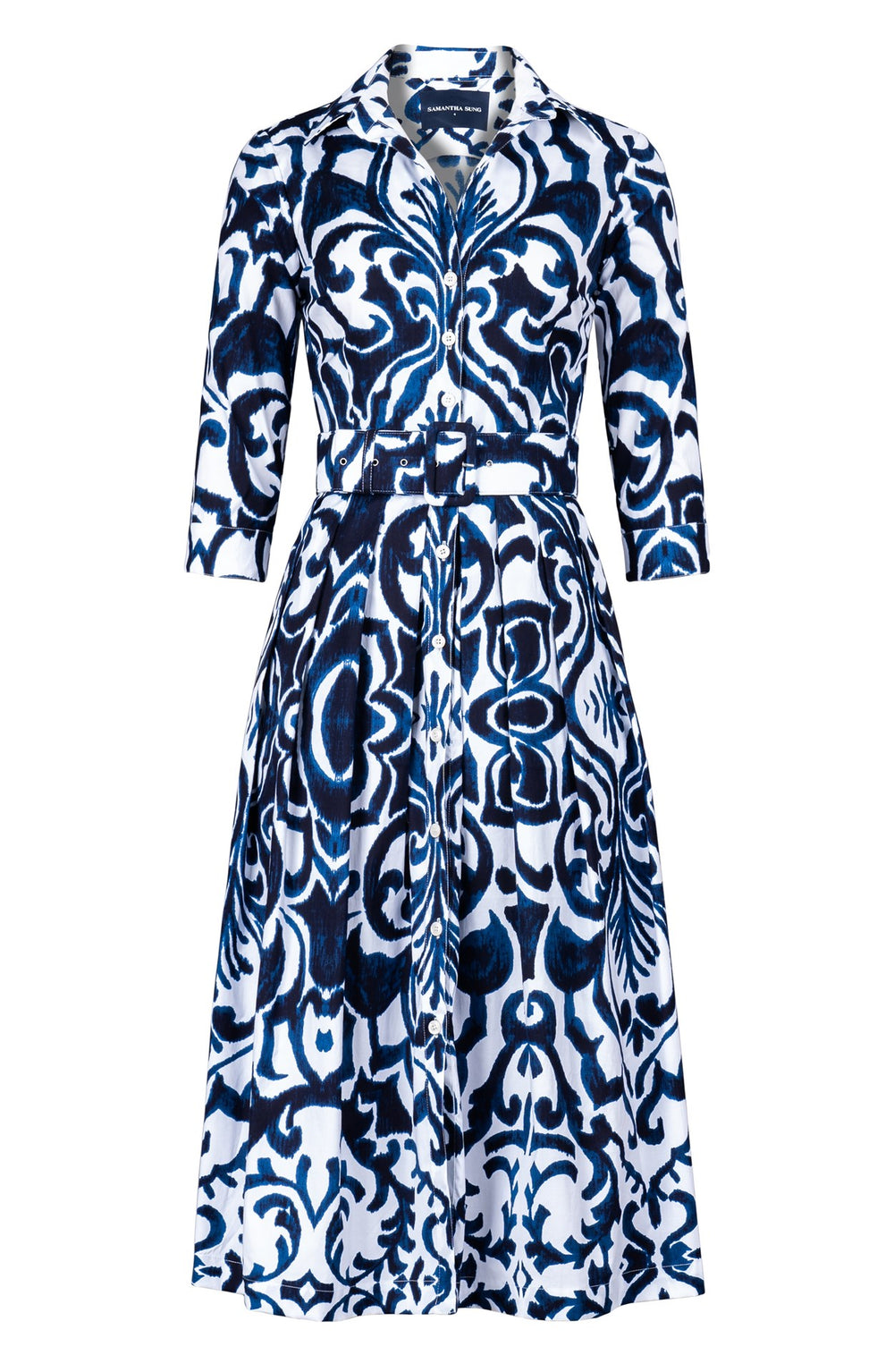 Audrey Dress #1 Shirt Collar 3/4 Sleeve Midi Length Cotton Stretch (Maiolica Blue Tile)