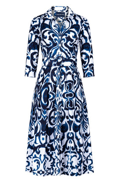 Audrey Dress #1 Shirt Collar 3/4 Sleeve Midi Length Cotton Stretch (Maiolica Blue Tile)
