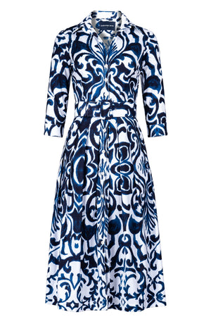 Audrey Dress #1 Shirt Collar 3/4 Sleeve Midi Length Cotton Stretch (Maiolica Blue Tile)