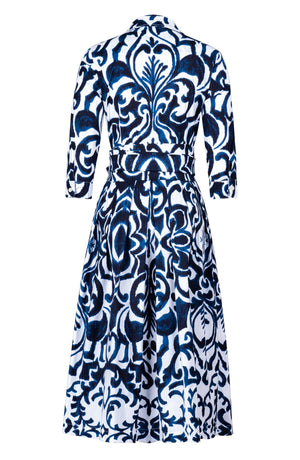 Audrey Dress #1 Shirt Collar 3/4 Sleeve Midi Length Cotton Stretch (Maiolica Blue Tile)