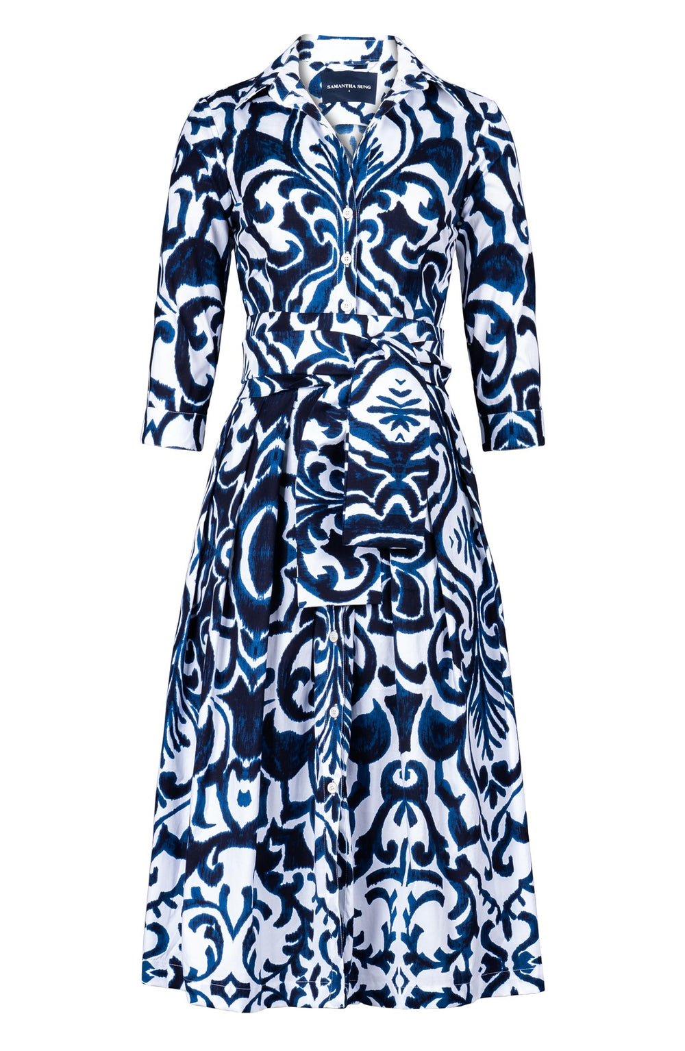 Audrey Dress #1 Shirt Collar 3/4 Sleeve Midi Length Cotton Stretch (Maiolica Blue Tile)