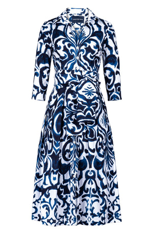 Audrey Dress #1 Shirt Collar 3/4 Sleeve Midi Length Cotton Stretch (Maiolica Blue Tile)