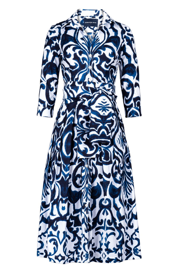 Audrey Dress #1 Shirt Collar 3/4 Sleeve Midi Length Cotton Stretch (Maiolica Blue Tile)