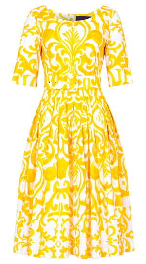 Florance Dress #2 Round Neck 1/2 Sleeve Long Length Cotton Stretch (Maiolica Blue Tile Small)