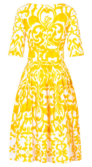 Florance Dress #2 Round Neck 1/2 Sleeve Long Length Cotton Stretch (Maiolica Blue Tile Small)