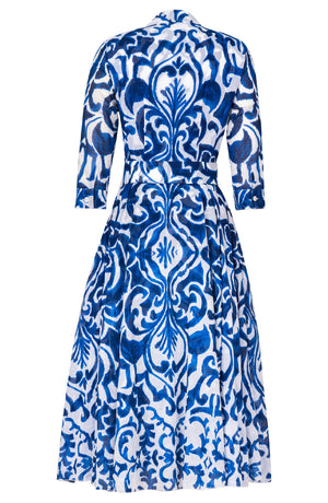 Aster Dress Shirt Collar 3/4 Sleeve Midi Length Cotton Musola (Maiolica Blue Tile)