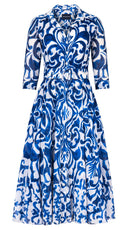Aster Dress Shirt Collar 3/4 Sleeve Midi Length Cotton Musola (Maiolica Blue Tile Small)