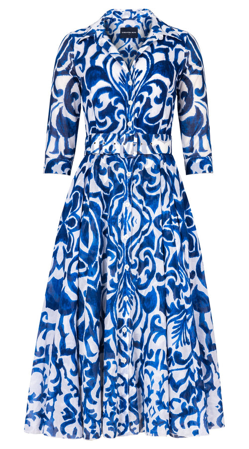 Aster Dress Shirt Collar 3/4 Sleeve Midi Length Cotton Musola (Maiolica Blue Tile Small)