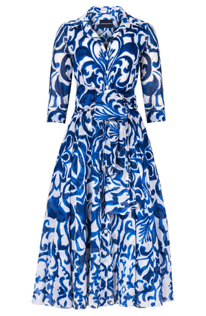 Aster Dress Shirt Collar 3/4 Sleeve Midi Length Cotton Musola (Maiolica Blue Tile)