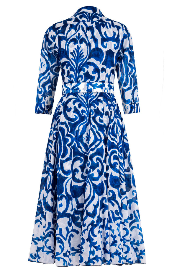 Aster Dress Shirt Collar 3/4 Sleeve Midi Plus Length Cotton Musola (Maiolica Blue Tile)