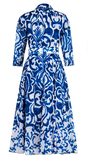 Aster Dress Shirt Collar 3/4 Sleeve Midi Plus Length Cotton Musola (Maiolica Blue Tile Small)