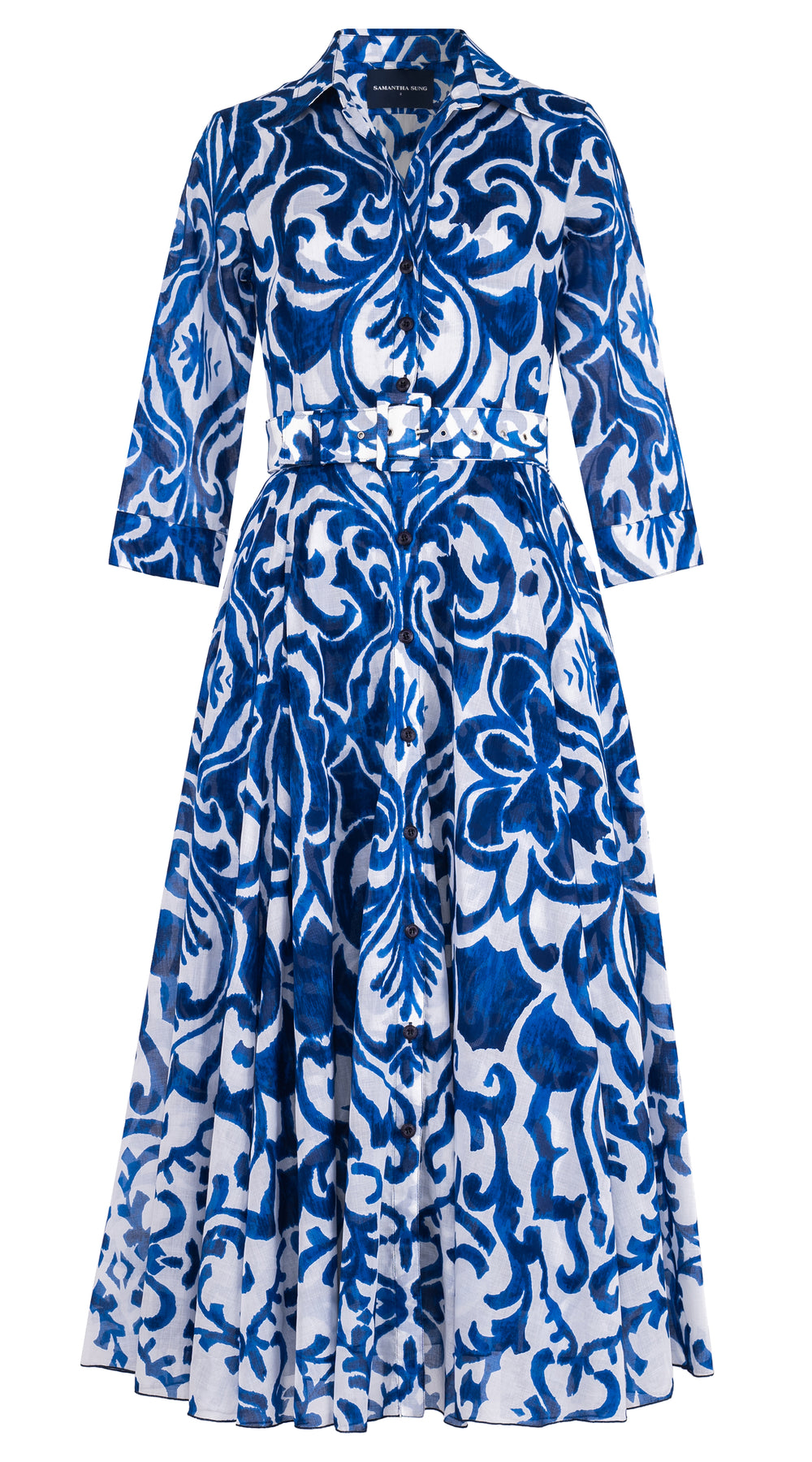 Aster Dress Shirt Collar 3/4 Sleeve Midi Plus Length Cotton Musola (Maiolica Blue Tile Small)