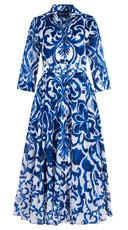Aster Dress Shirt Collar 3/4 Sleeve Midi Plus Length Cotton Musola (Maiolica Blue Tile Small)