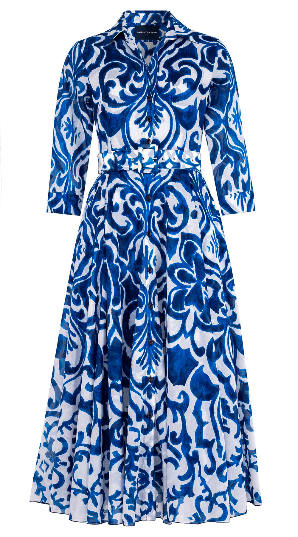 Aster Dress Shirt Collar 3/4 Sleeve Midi Plus Length Cotton Musola (Maiolica Blue Tile Small)