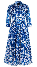 Aster Dress Shirt Collar 3/4 Sleeve Midi Plus Length Cotton Musola (Maiolica Blue Tile Small)