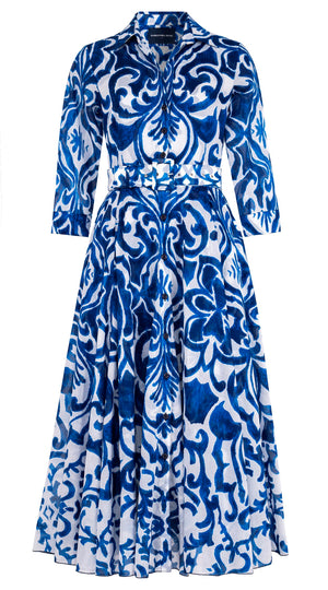 Aster Dress Shirt Collar 3/4 Sleeve Midi Plus Length Cotton Musola (Maiolica Blue Tile Small)