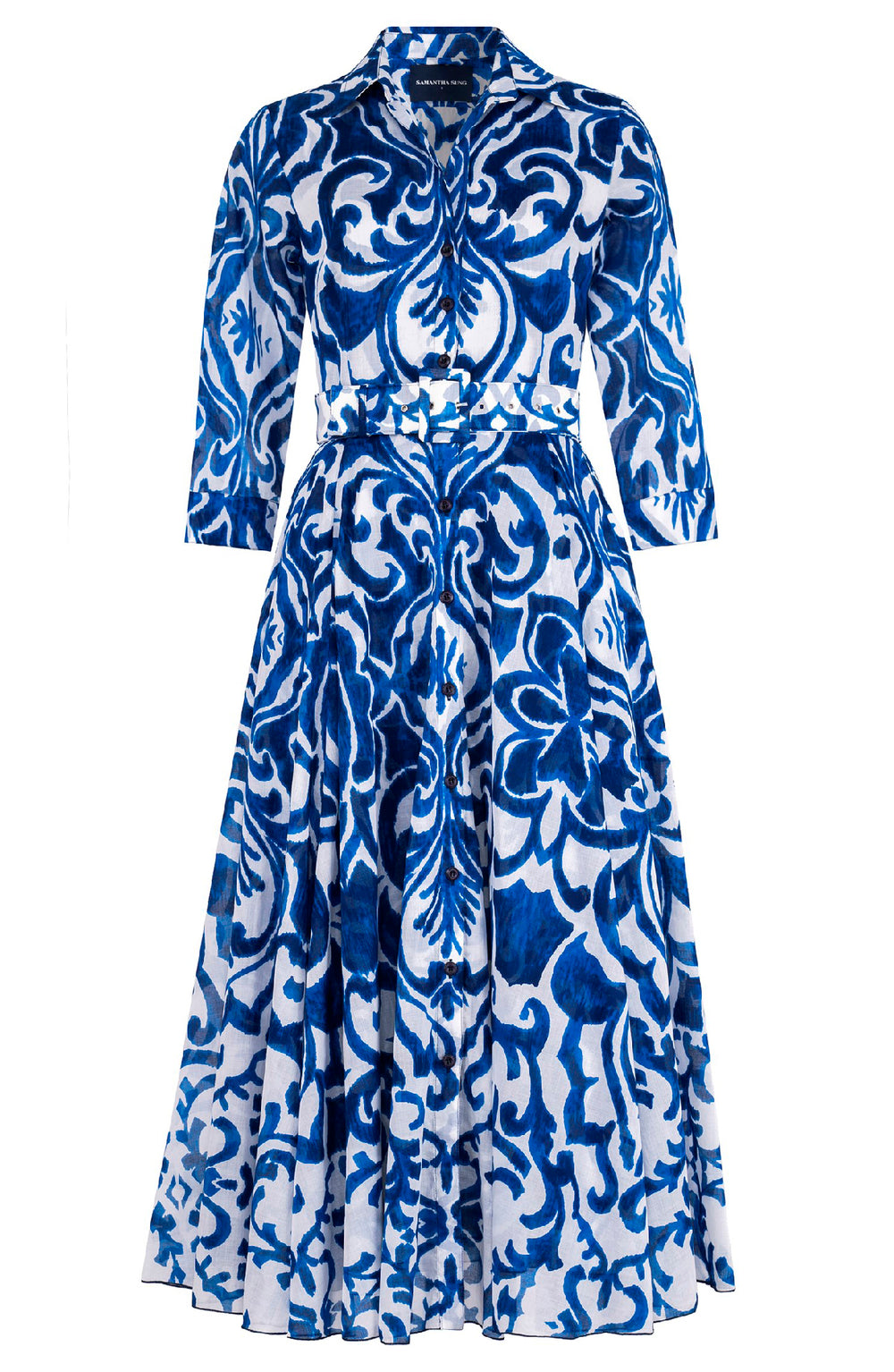 Aster Dress Shirt Collar 3/4 Sleeve Midi Plus Length Cotton Musola (Maiolica Blue Tile)