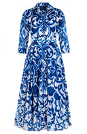 Aster Dress Shirt Collar 3/4 Sleeve Midi Plus Length Cotton Musola (Maiolica Blue Tile)