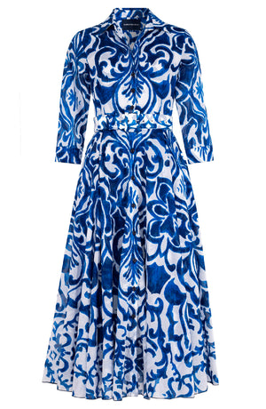 Aster Dress Shirt Collar 3/4 Sleeve Midi Plus Length Cotton Musola (Maiolica Blue Tile)