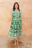 Audrey Dress #4 Shirt Collar 3/4 Sleeve Midi Length Ramie (Maiolica Blue Tile Small)