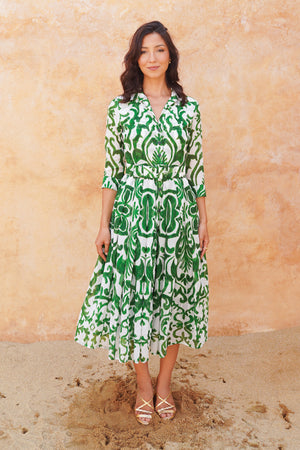 Audrey Dress #4 Shirt Collar 3/4 Sleeve Midi Length Ramie (Maiolica Blue Tile Small)