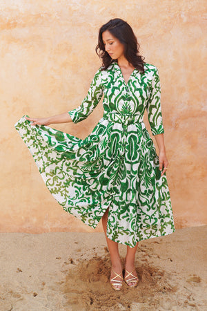 Audrey Dress #4 Shirt Collar 3/4 Sleeve Midi Length Ramie (Maiolica Blue Tile Small)