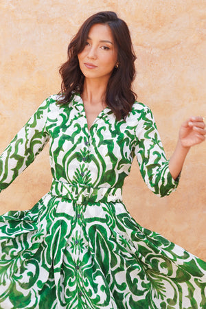 Audrey Dress #4 Shirt Collar 3/4 Sleeve Midi Length Ramie (Maiolica Blue Tile Small)