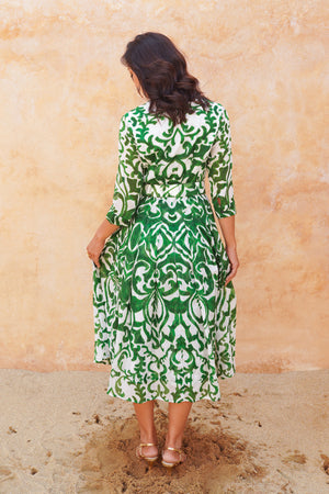 Audrey Dress #4 Shirt Collar 3/4 Sleeve Midi Length Ramie (Maiolica Blue Tile Small)